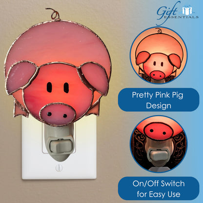 Gift Essentials Pink Pig Plug in Night Light - Stained Glass Nightlight with On/Off Rocker Switch - Includes One 4 Watt Replaceable Incandescent Warm Glow Bulb