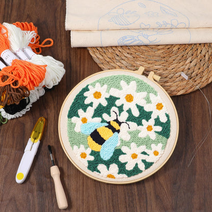 3 Pcs Punch Needle Kits, 7.87 Inch Cute Floral, Bees and Butterfly Punch Needle Kit for Adults Beginner Children Needles Punching kit with Embroidery Hoop, Instruction, Fabric, Sewing Needles, Yarns