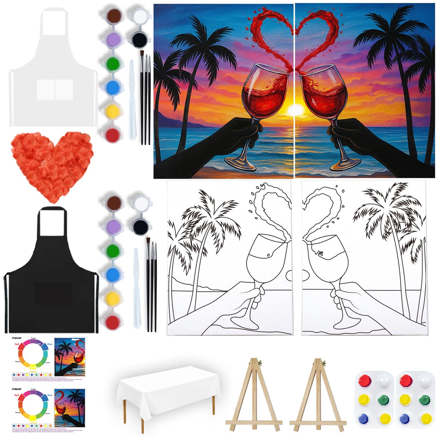 PAILIM 2 Pack Sip and Paint Kit for Adults Couples Painting Kit Pre Drawn Canvas to Paint at Home Date Night Party Favor Supplies Art Painting Set Couples Activity 8x10 Seaside Clink Glasses
