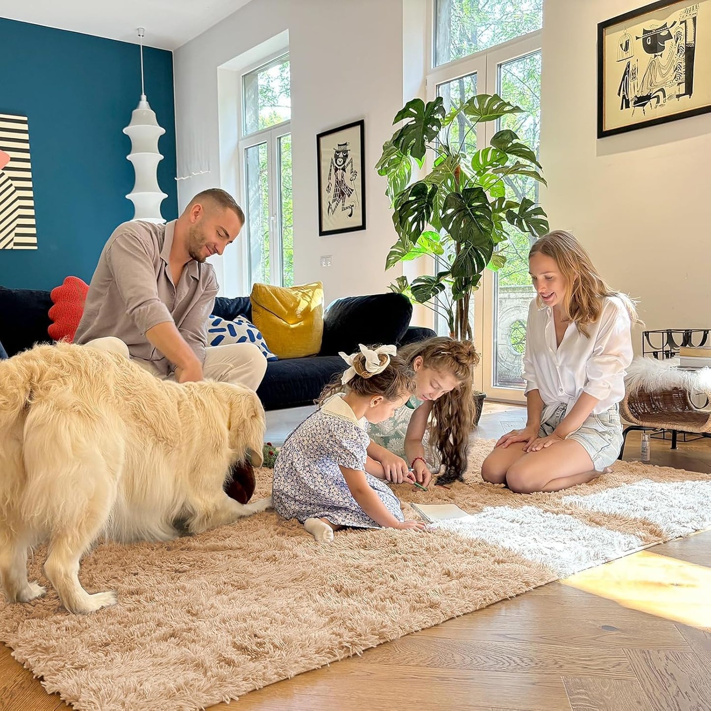 OLANLY 5x5 Area Rug - Soft, Fluffy Shaggy Design for Living Room & Bedroom | Machine Washable, Beige