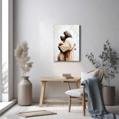 Palette Dreams Jesus Embracing Woman Canvas Wall Art, Woman Lying Safely In The Arms Of Jesus Wall Decor, Christian Wall Art Home Decor for Bedroom Church Prayer Room 12 x 16 Inch