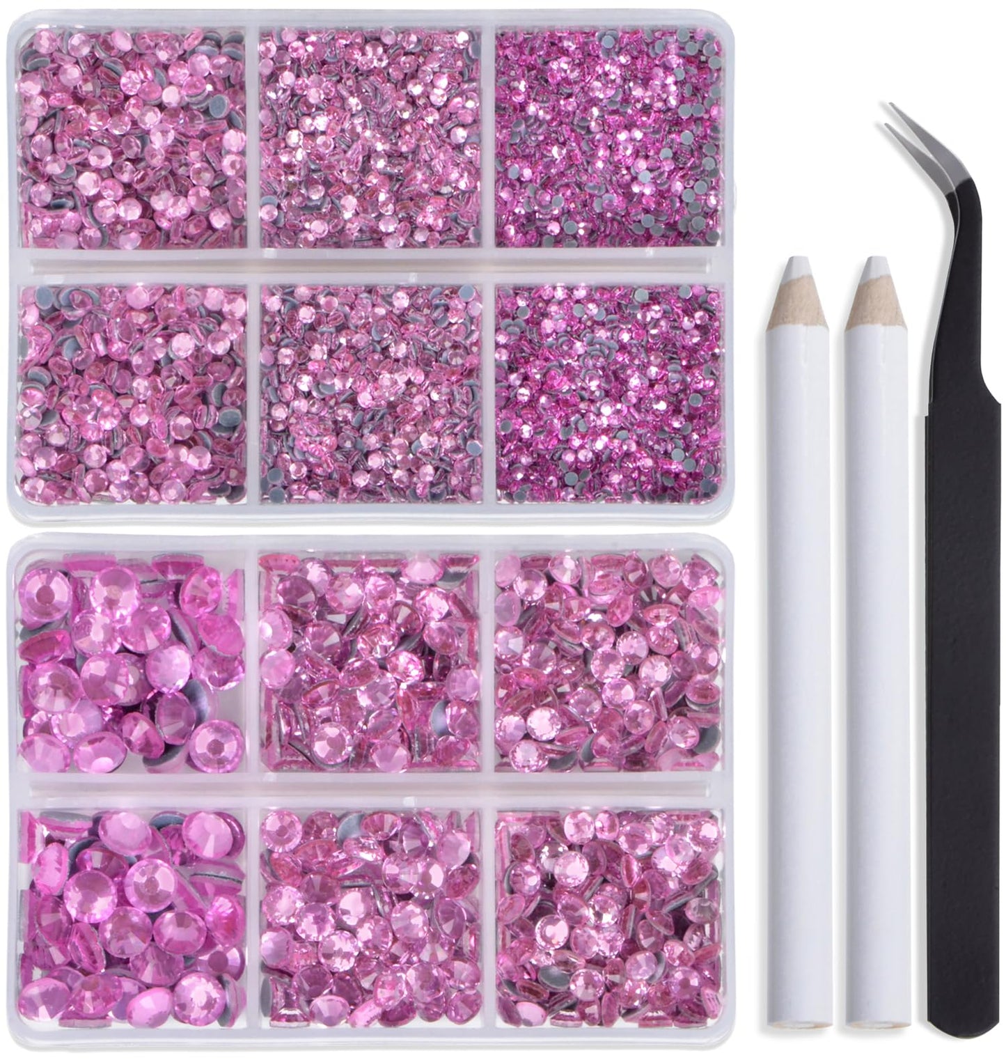 Bymitel Hotfix Crystal Rhinestones Round Gems for Crafts,Mixed 6 Sizes with Wax Pencil Kit, Lt. Rose 1.6-6.3mm SS4-SS30/8000pcs