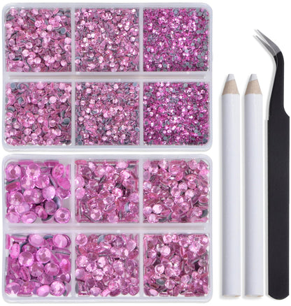 Bymitel Hotfix Crystal Rhinestones Round Gems for Crafts,Mixed 6 Sizes with Wax Pencil Kit, Lt. Rose 1.6-6.3mm SS4-SS30/8000pcs