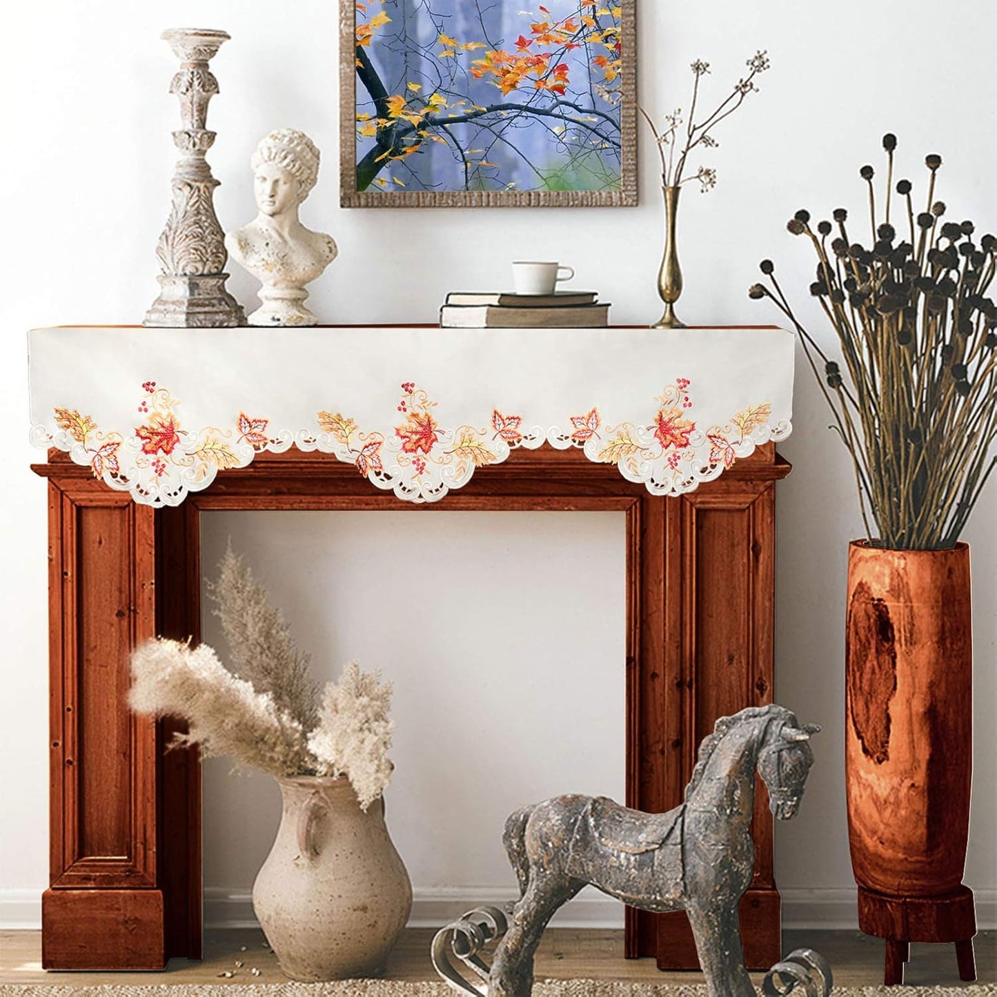 Embroidered Maple Leaves Mantel Top Runner Scarf for Thanksgiving and Fall, 70 x 17 Inches