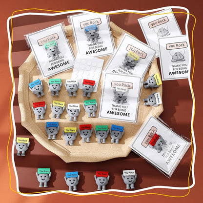 Gejoy 25 Sets Positive Mini Figurines Gifts Miniature Emotional Mini Rubber Toy with Positive Card Gift Bags Inspirational Birthday Gifts for Coworkers Employees (Rock)