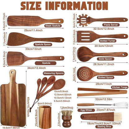 Briwooody 18 Pc Wooden Kitchen Utensils Set with Holder, Cutting Board, Spatulas, Spoons, Tong, Whisk & Accessories