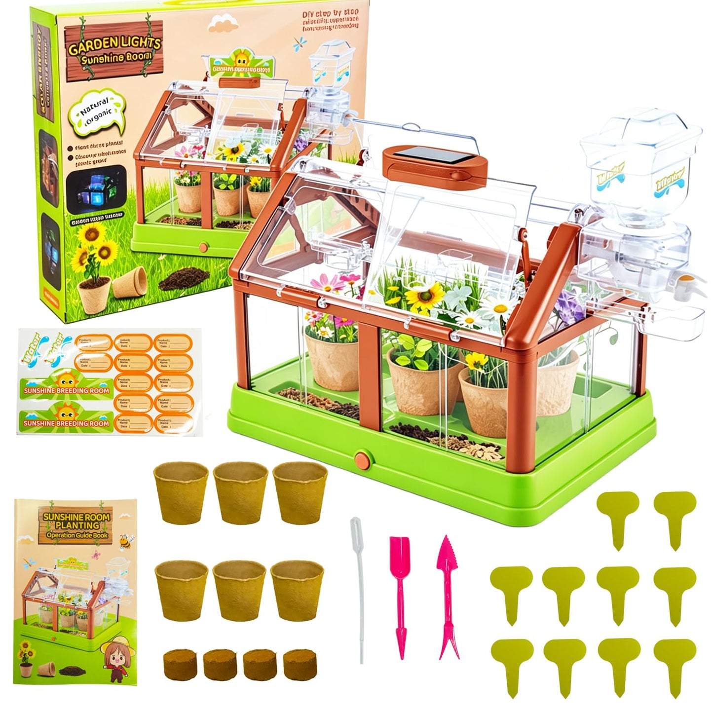 EXBEPE Kids Plant Growing Kit Greenhouse Growing Set Terrarium Kit Kids Science Educational DIY Plant Gardening Toy, Living Greenhouse with Solar Panel, Indoor Gardening Kit
