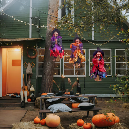BravOne 3 PCS Halloween Hanging Witches Decorations, 8" Halloween Witches Ornaments Flying Witches Figures on Broom Halloween Outdoor Indoor Decorations Haunted House Hanging Props Party Decor (#A)