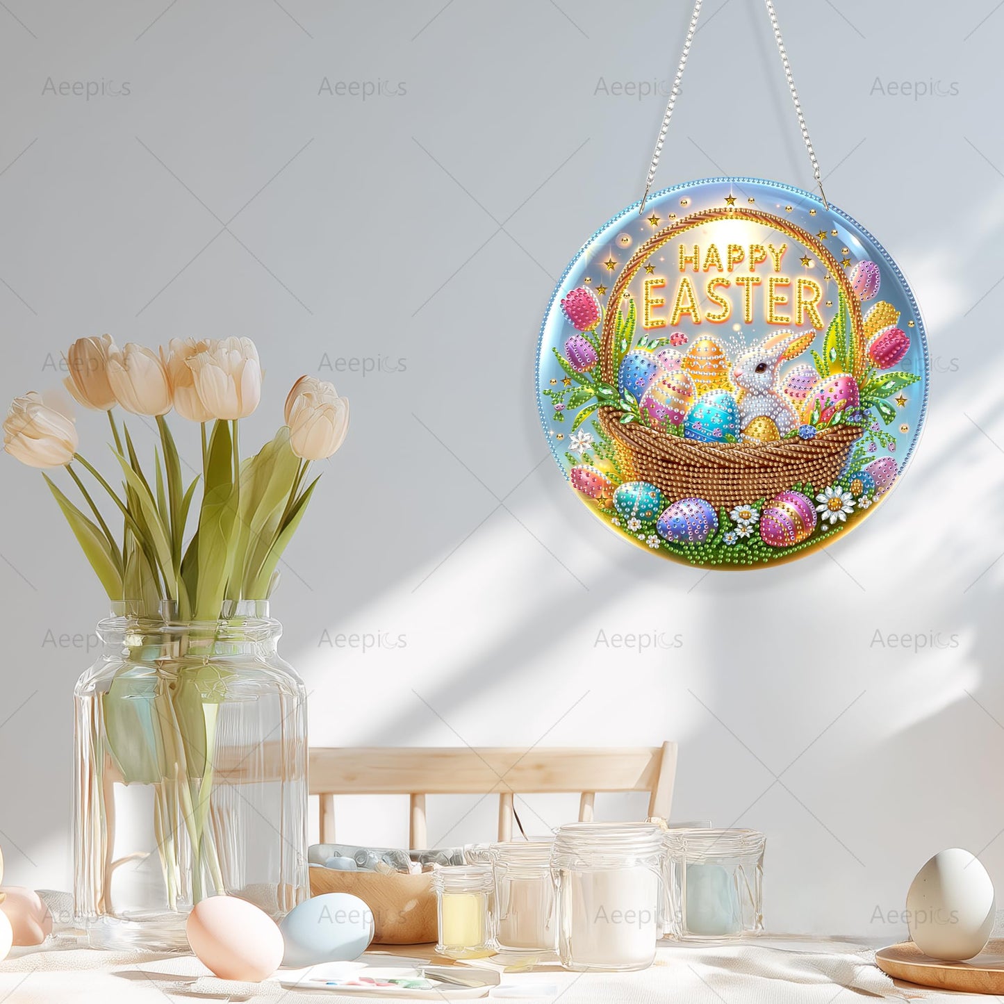 Aeepics Easter Diamond Art Hanging Kits for Adult, DIY Round Diamonds Painting Pendant Ornament Kit, Acrylic Diamond Art Board Painting (Happy Easter)