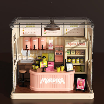 Milk Tea Shop DIY Miniature House Building Toy Dollhouse Set with LED Creator Playset Suitable for Mini Figures Construction Toys Diorama Kit Gifts for Adults