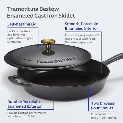 Tramontina Bestow Enameled Cast Iron Skillet with Lid, 12-inch Frying Pan, Smoke with Gold Knob