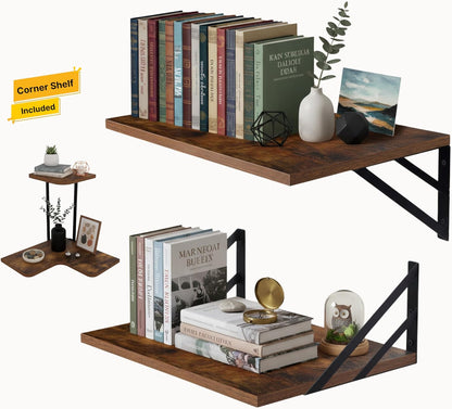 AdVinco Set 2 Rustic Brown Floating Shelves of with Corner Shelf Wood Wall Mounted Shelves for Kitchen, Bathroom