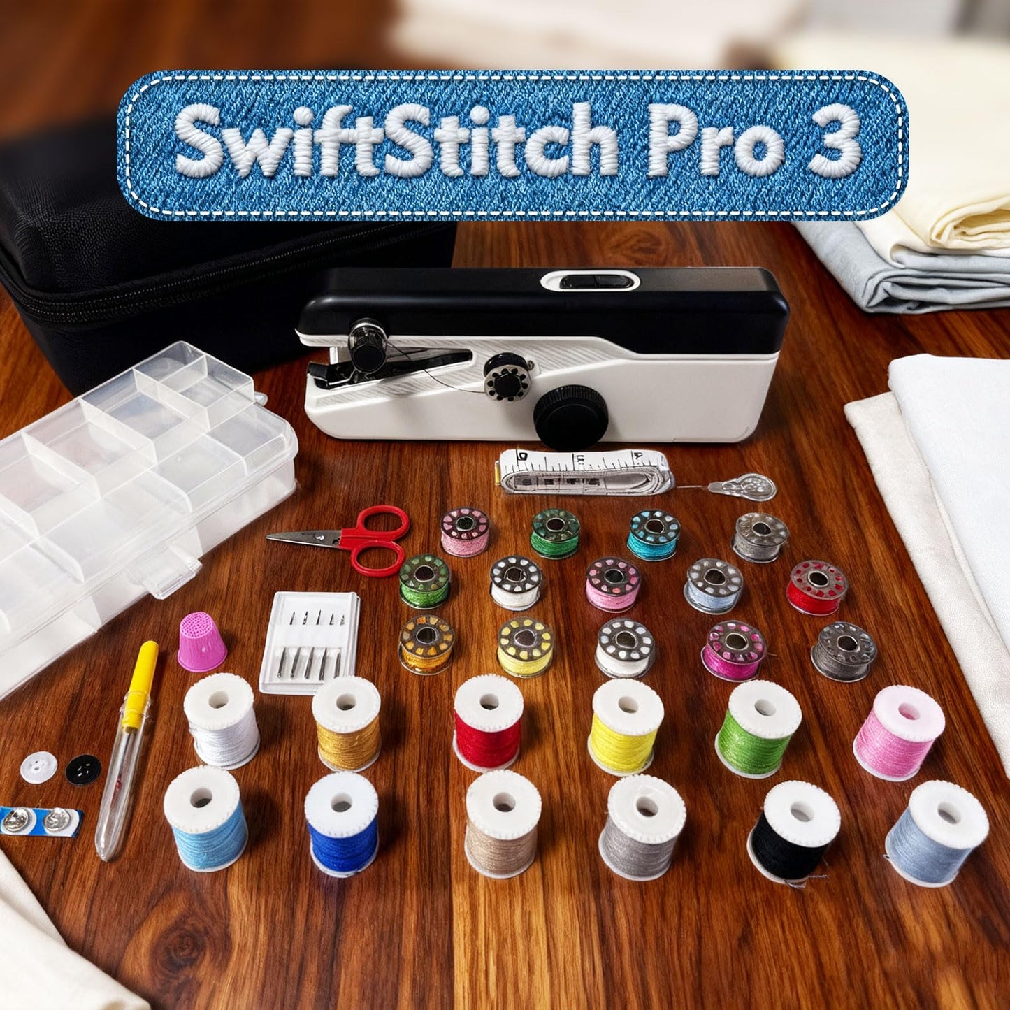 SwiftStitch Pro 3 Handheld Sewing Machine, 2-Speed Portable Mini Sewing Kit with Storage Case, Dual Power Mode, sewing machine for beginners, Easy Beginner Mending for Home, Travel