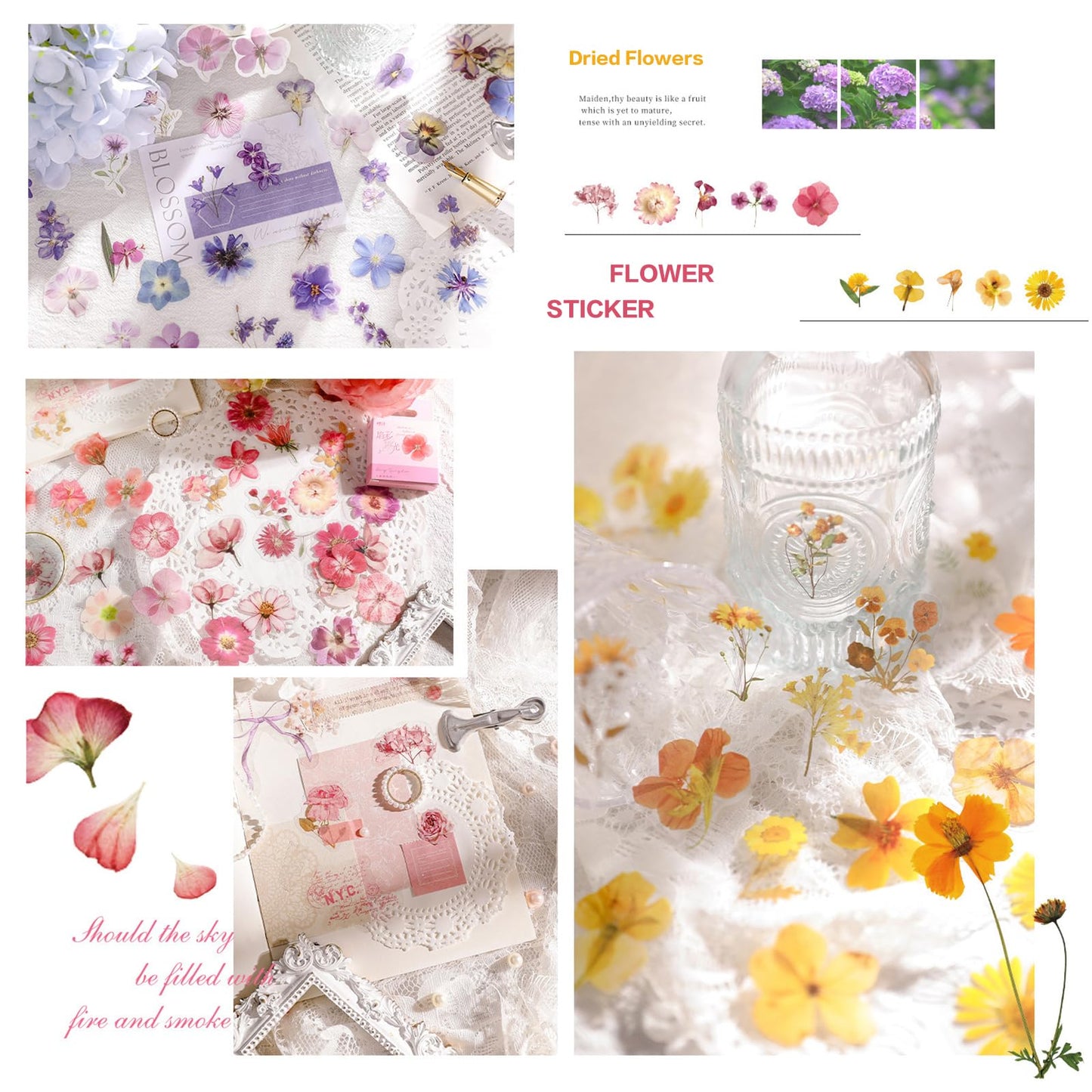 Maxleaf Pressed Flower Stickers Set, 270PCS Dried Flowers Waterproof Stickers Decals Floral Botanical Journaling Stickers for Scrapbook Supplies Junk Journal Bullet Journals Planner Laptops Art Crafts