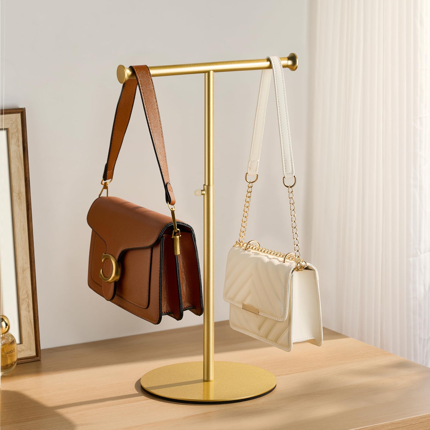niffgaff 2 Pack 15‘’-24‘’ T Bar Purse Display Stand Tabletop: Adjustable Height Handbag Holder, Countertop Hanging Rack for Long Necklace Scarf Lanyard, Gold