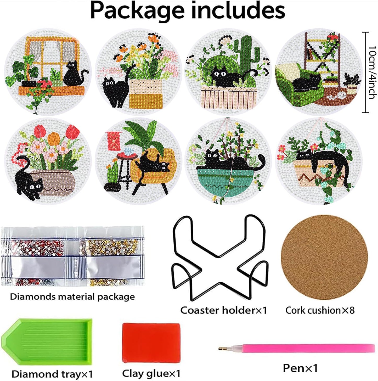 8 PCS Diamond Art Coasters Kits Black Cat Diamond Painting Coaster Kits Diamond Coasters with Holder Cork Pads Gem Art Dots Paintings Crafts Supplies for Adults Beginners