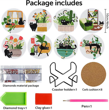 8 PCS Diamond Art Coasters Kits Black Cat Diamond Painting Coaster Kits Diamond Coasters with Holder Cork Pads Gem Art Dots Paintings Crafts Supplies for Adults Beginners
