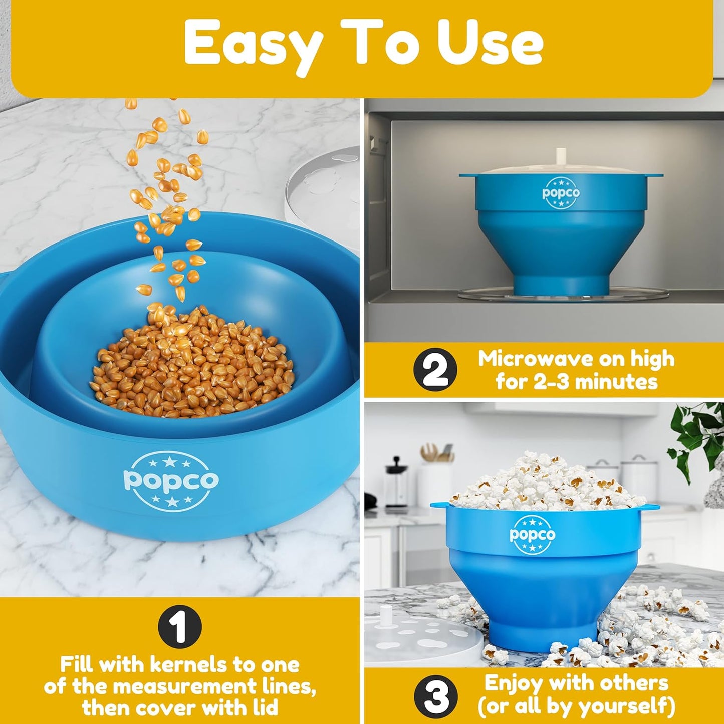 POPCO Silicone Microwave Popcorn Popper - Collapsible Bowl, BPA Free, Dishwasher Safe, 15 Colors (Transparent Aqua)