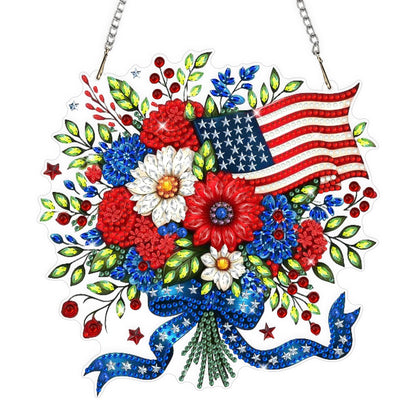 Flowers Diamond Art Hanging Kits for Adults, American Flag Diamond Painting Window Pendant Kits, DIY Acrylic Special Shaped Crystal Gem Art Painting Ornament for Home Garden Wall Hanging Decor