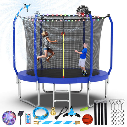 Lyromix Upgraded 8FT Trampoline for Kids and Adults, Large Outdoor Trampoline with Basketball,Stakes, Light, Sprinkler,Basketball Hoop and Net, Capacity for 3-5 Kids and Adults, Royal Blue