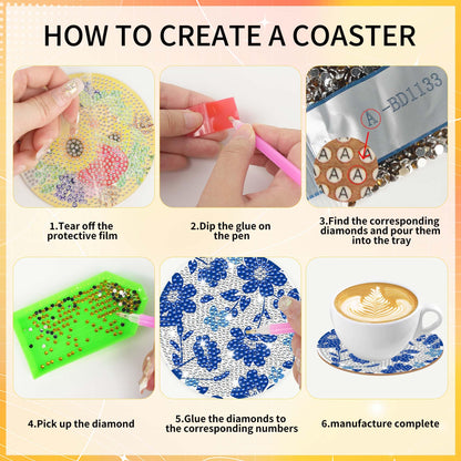 Blue Floral Diamond Art Coasters, 8pcs Blue and White Chinoiserie Floral Diamond Painting Coaster Kit, Elegant Flower Diamond Art with Holder Cork Pads, DIY Craft for Adults Beginners Home Decor Gifts