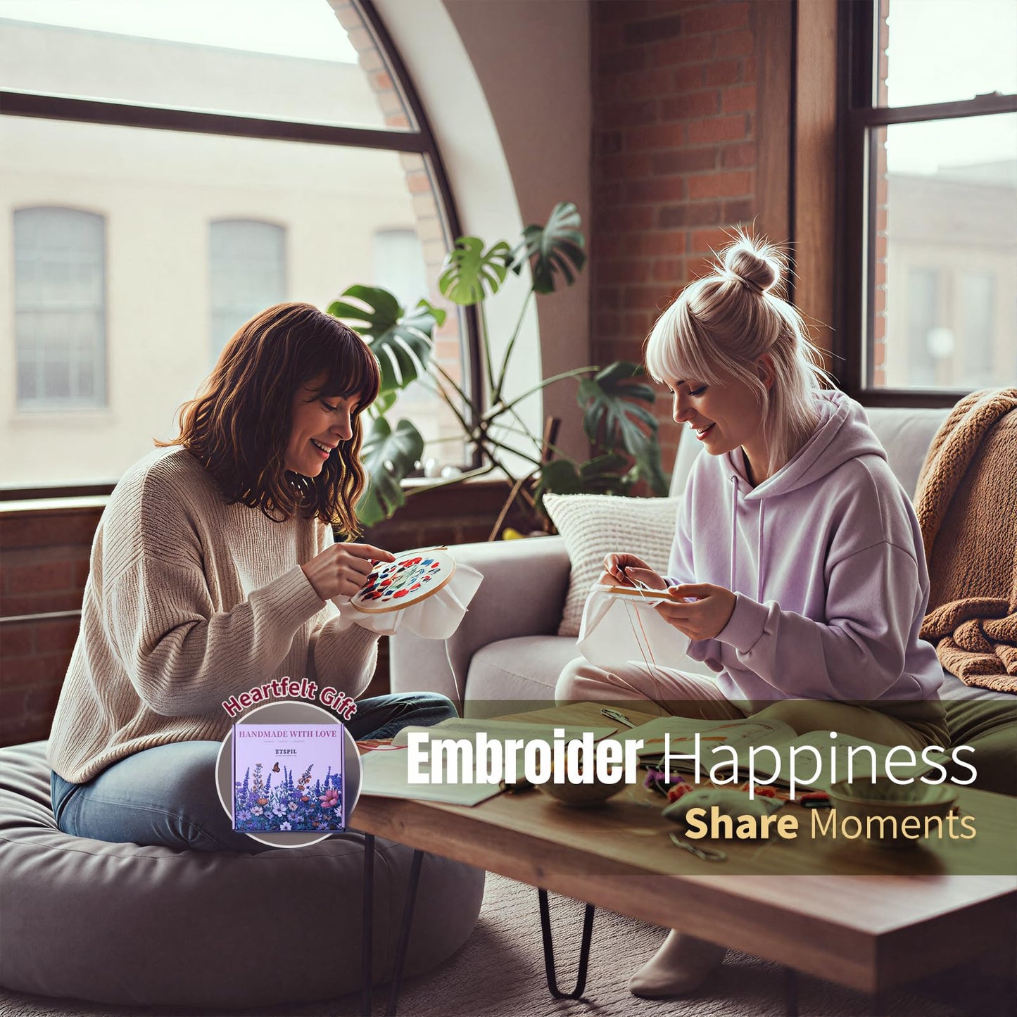 ETSPIL Embroidery Starter Kit for Adults, 2 Hoops & 4 Stamped Flower Patterns, Easy Craft for Sharing, Master 11 Stitches via 4K Videos, DIY Gift for Women, Friends and Beginners