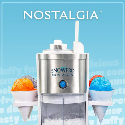 Nostalgia Snow Pro Electric Snow Cone Machine with 64 oz Capacity - Slushie Machine with 4 Reusable Cones, Side Shelves & Ice Scoop - Snow Cone Machine for Family Treats & Refreshing Desserts - White