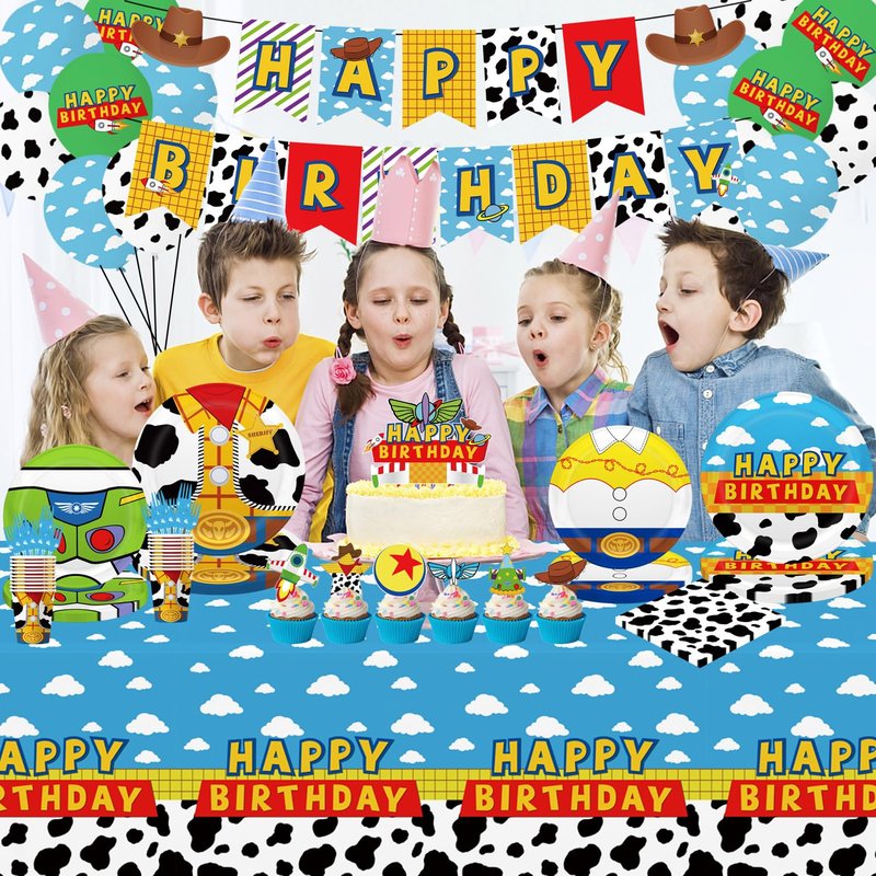 130pcs Story Birthday Party Decorations Tableware Set for 20 Guests Include Banner, Cupcake Topper, Cake Topper,Paper Plates,Napkins and Cups,Plastic Tablecloth and Forks,Latex Balloons