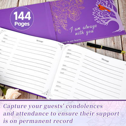 55 Pcs Funeral Supplies Funeral Guest Book for Memorial Service Included Pen Table Sign Cardinal Memorial Memory Cards Box with 50 Pcs Share a Memory Cards for Guest Funeral Farewell Party (Purple)