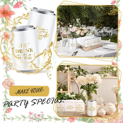 SiliFine 101 Pcs Wedding Can Cooler Bulk Engagement Party Favors for 100 Guests Cheers to Love Laughter, and I'll Drink Can Cooler with 1 Pcs Wooden Wedding Table Sign Bridal Shower Favor(White)