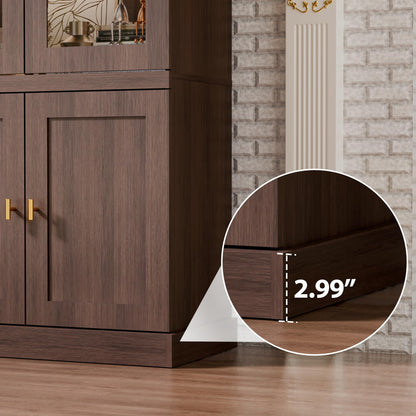 Trygoal 71'' Tall Display Cabinet with Glass Door, Mid Century Modern China Cabinet with LED Stripe, Kitchen Buffet Pantry Cupboard, Trophy Display Case for Living Room Dining Room Bedroom, Walnut