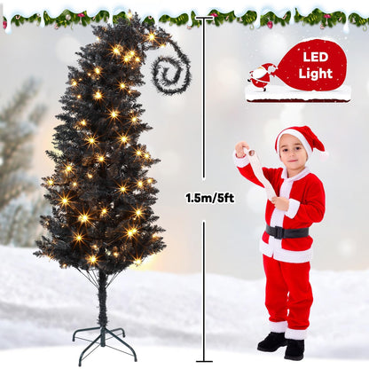 5 Ft Nightmare Before Bent Top Christmas Tree with String Lights Bendable Unique Whimsical Crooked Slim Xmas Tree Holiday Witch Party Decorations Supplies for Home Room (Black)
