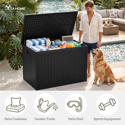 YITAHOME XXL 230 Gallon Extra Large Outdoor Deck Box, Lockable Resin Double-Wall Storage Box and Waterproof Patio Furniture Bin for Garden Tools & Pool Accessories, Black