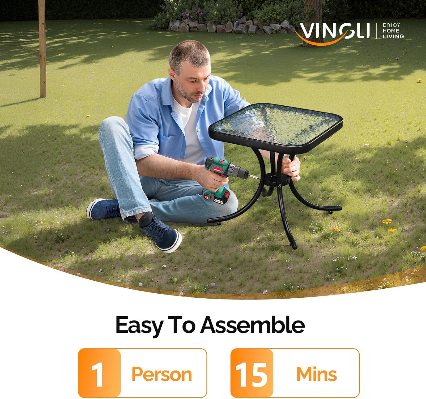 18" VINGLI Outdoor Side Table, Patio Table Steel Frame Tempered Glass Top, Weatherproof Small Tables for Balcony Garden