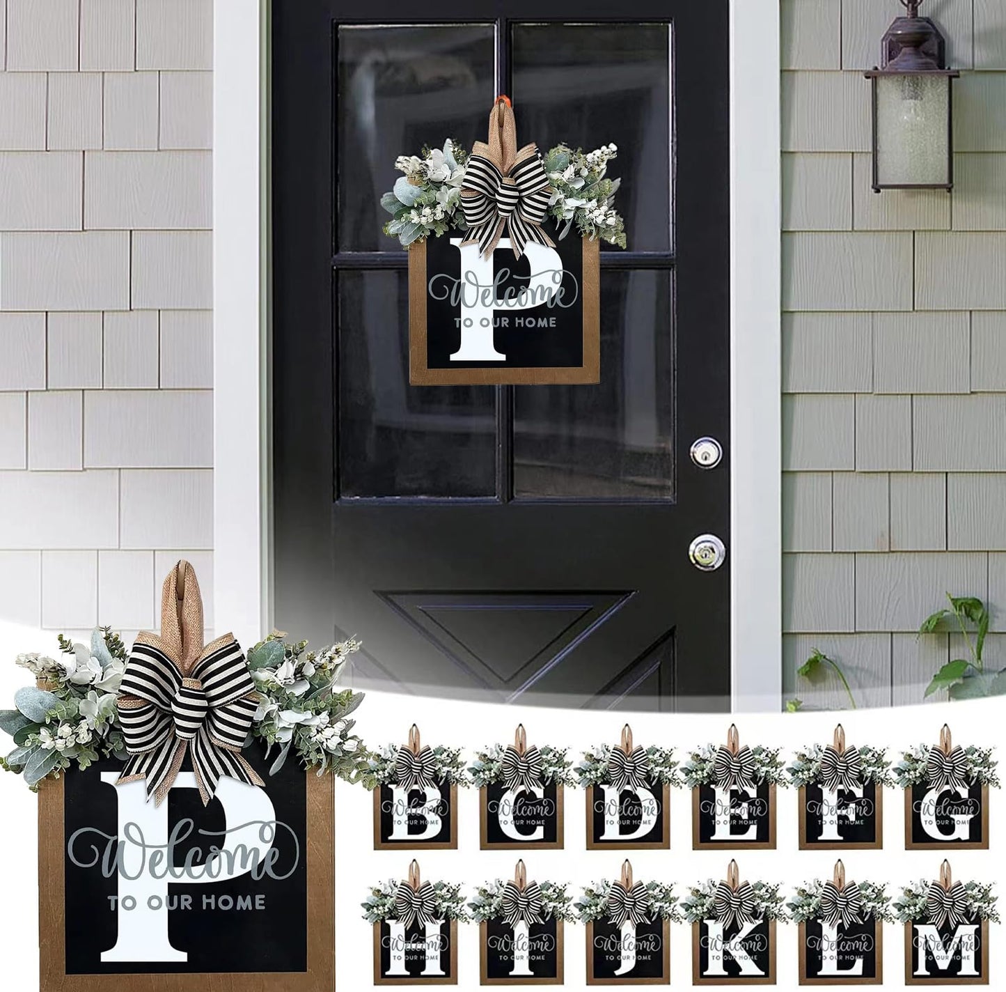 Last Name All Year Round Front Door Wreath with 26 Initial Letter Welcome Sign All Seasons Eucalyptus Garland and Bow ，Farmhouse, Porch, for Spring Summer Fall All Seasons Holiday Halloween Christmas.（P）