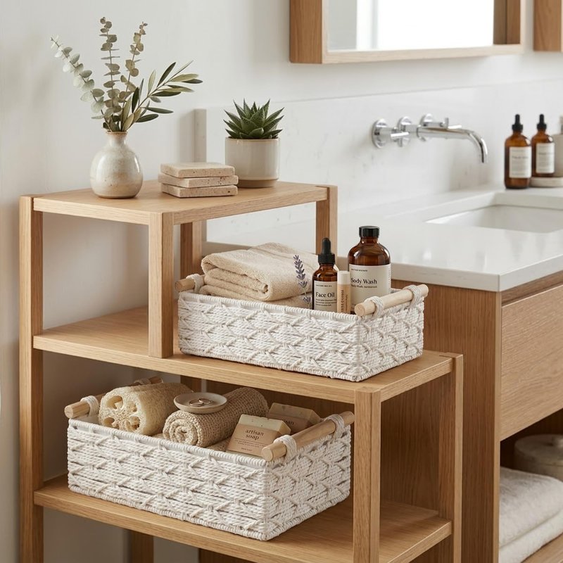 DECOMOMO White Wicker Baskets, Back of Toilet Basket, Bathroom Basket Organizer, Countertop, Home Decor (White, Set of 2)