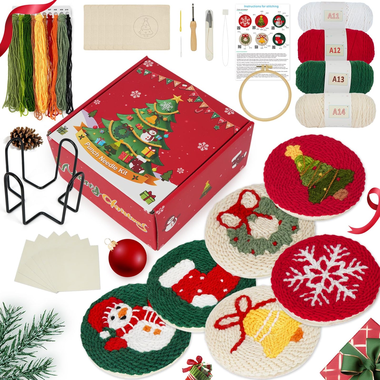 UHAPEER 6PCS Christmas Punch Needle Kit, Punch Needle Embroidery Kit Coaster Kit for Beginners Adults Kids, with Instruction & Video Tutorial, Yarns, Hoop, Coaster Holder, Christmas Craft Art Gift