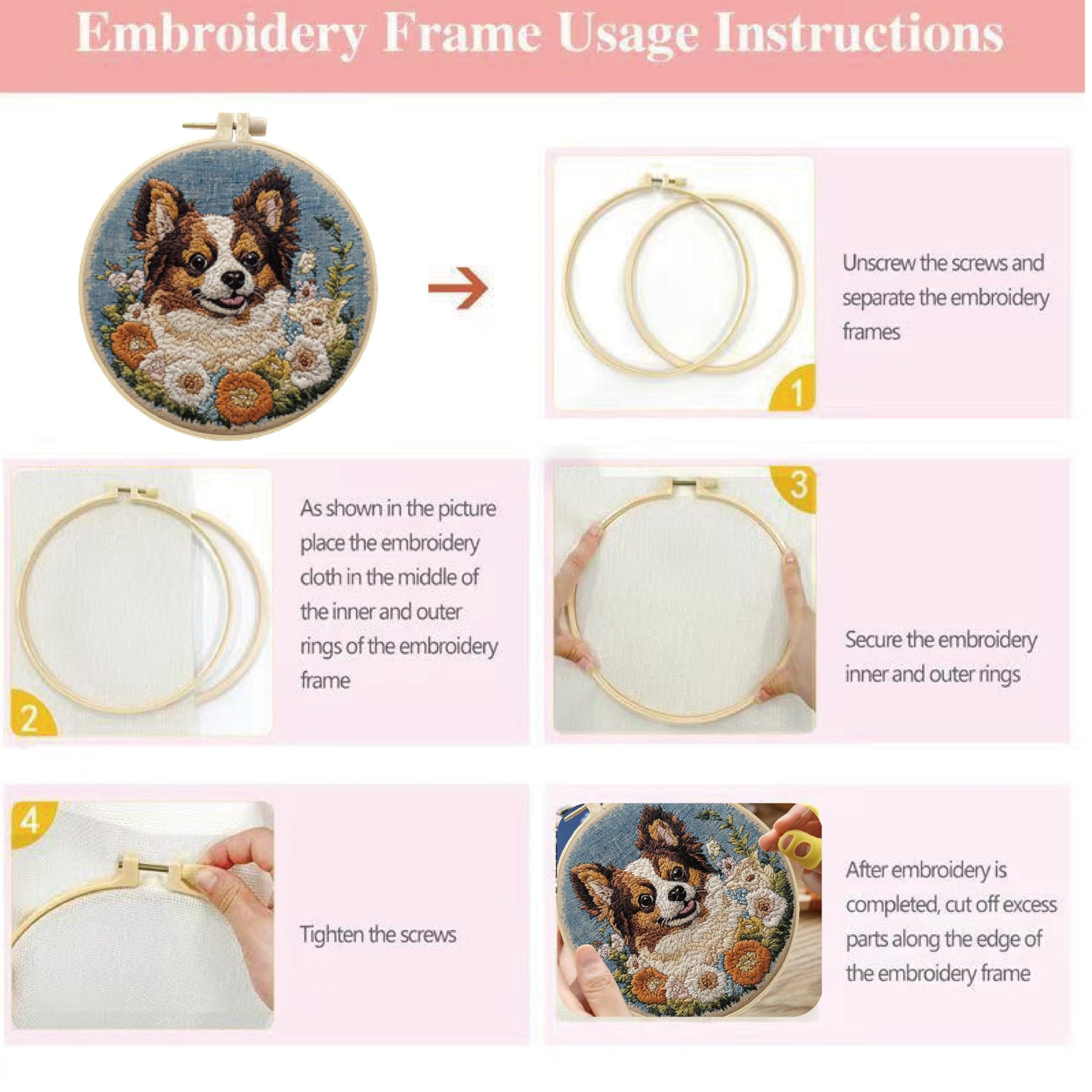 HCANPER Cute Dog Embroidery Starter Kit,DIY Needle Punch Kit, Punch Needle Kits for Beginners,Include Pre-Printed Fabric,Tools,Embroidery Hoop,Threads,Easy for Adults and Children. (Pink)
