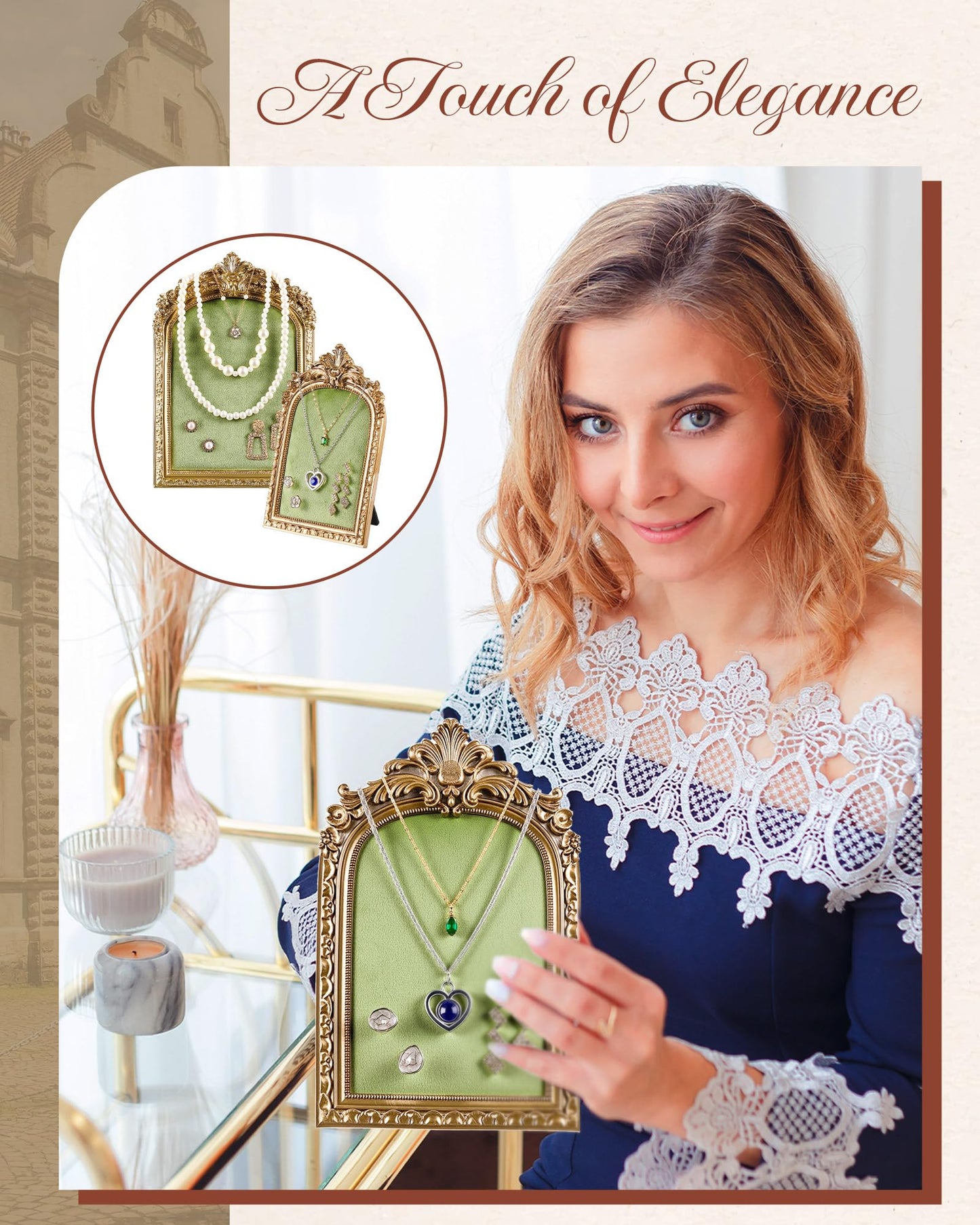 Wonderjune 2 Pcs Gold Jewelry Display Stand Vintage Necklace Organizer Ring Holder Earring Tray Resin Jewelry Photography Props Frame with Velvet Backing for Gifts(Green,Large,Small,Elegant)