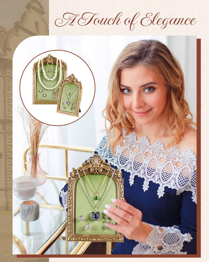 Wonderjune 2 Pcs Gold Jewelry Display Stand Vintage Necklace Organizer Ring Holder Earring Tray Resin Jewelry Photography Props Frame with Velvet Backing for Gifts(Green,Large,Small,Elegant)
