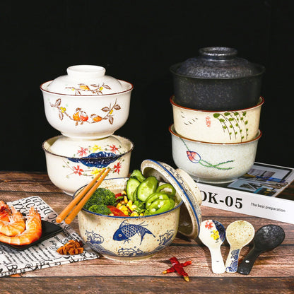 Ceraozmus Ceramic Ramen Bowl Set, 800ml, with Lid, Spoon and Chopsticks, Japanese Vintage Large Soup Bowls Instant Noodle Bowl Asian Tableware (Fish*1)
