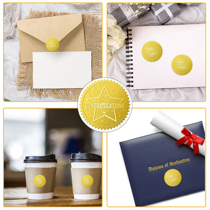 CRASPIRE 408Pcs Congratulations Gold Foil Embossed Stickers 2" Star Self Adhesive Envelopes Embossing Seals Round Labels for Wedding Invitation Corporation Graduation Certificates Diplomas Gift Award