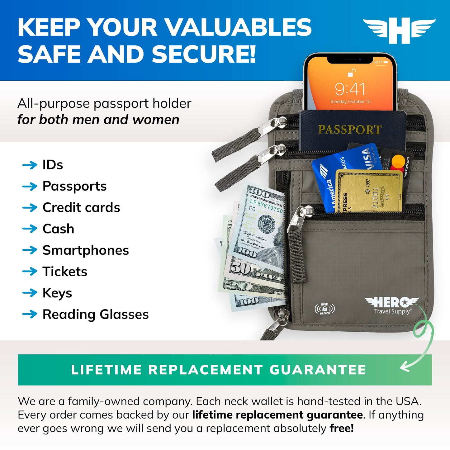 HERO Neck Wallet, RFID Blocking Passport Holder, Easy to Conceal Travel Pouch