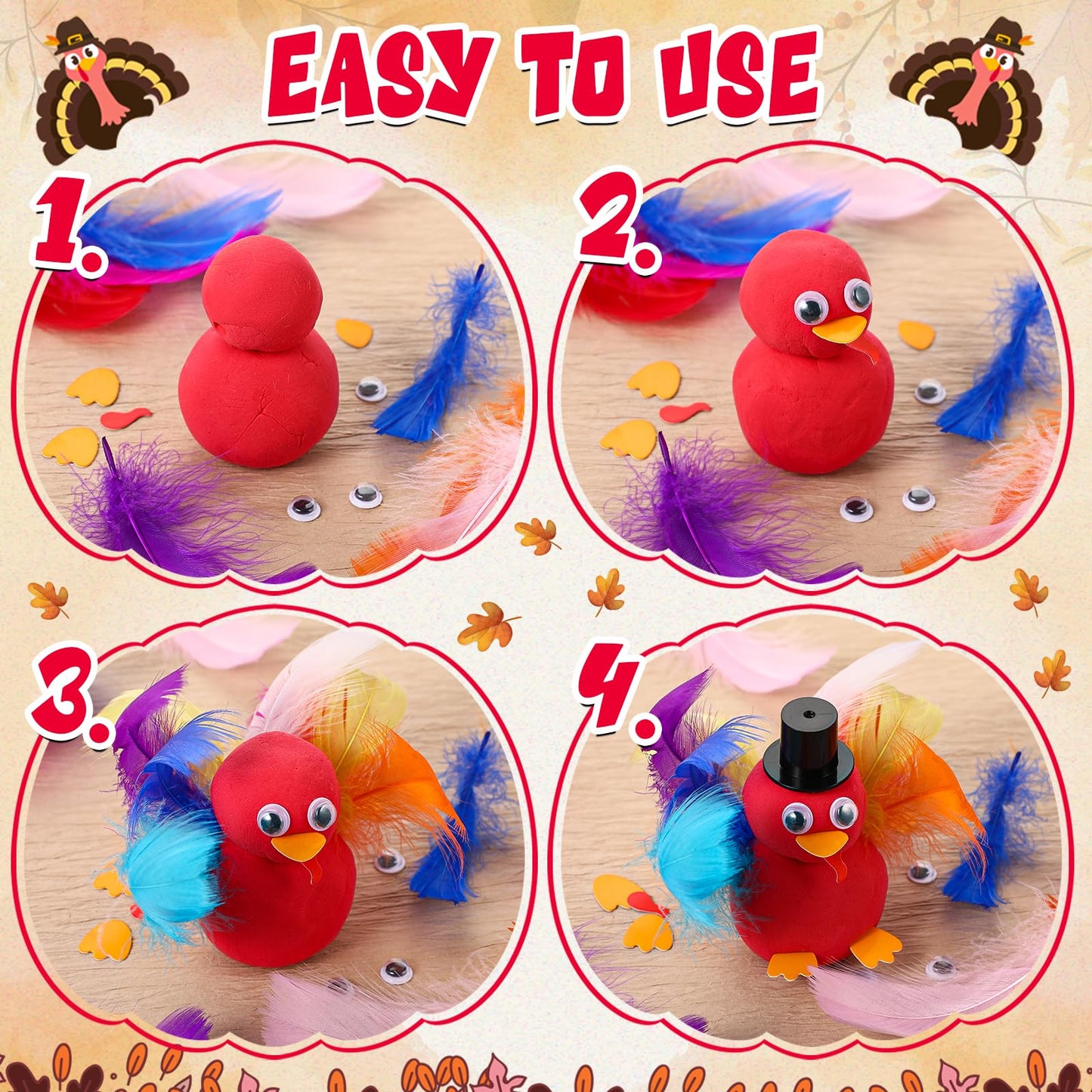 AmazingSpark 12 Sets Thanksgiving Turkey DIY Craft Kits Fall DIY Turkey Air Dry Clay Modeling Fall Crafts Ornament for Friendsgiving Thankful Dinner Party Activity Supplies Table Decorations