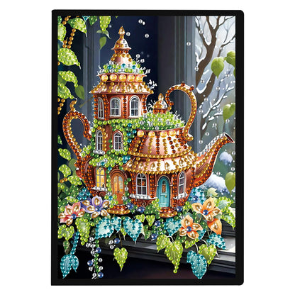 JISHSHAY Diamond Art Notebook Journal Diamond Painting Note Book Gem Art Sketchbook Gem Painting Blank Notebook Mosaic Kits for Adults Diary with Special Shape Drills 14.5×21cm/5.7×8.26in Teapot House