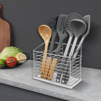 Utensil Holder for Kitchen Counter, Metal Rack for Cooking Tools Storage, Organizer with Drainage Hole (Chrome Marble)