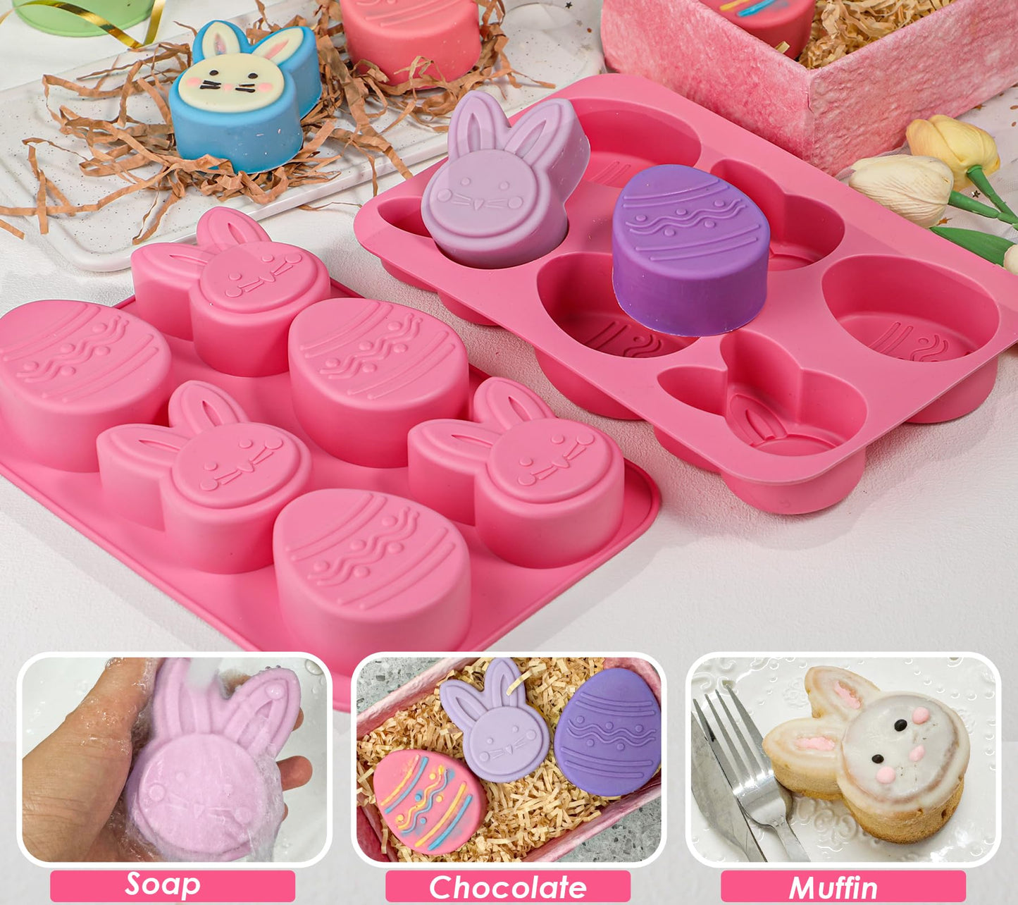Kamehame Easter Egg Bunny Chocolate Molds, 2 Packs Easter Muffin Molds Bunny Egg Shaped Non-stick Silicone Easter Molds for DIY Chocolate Candy Muffin Handmade Soap