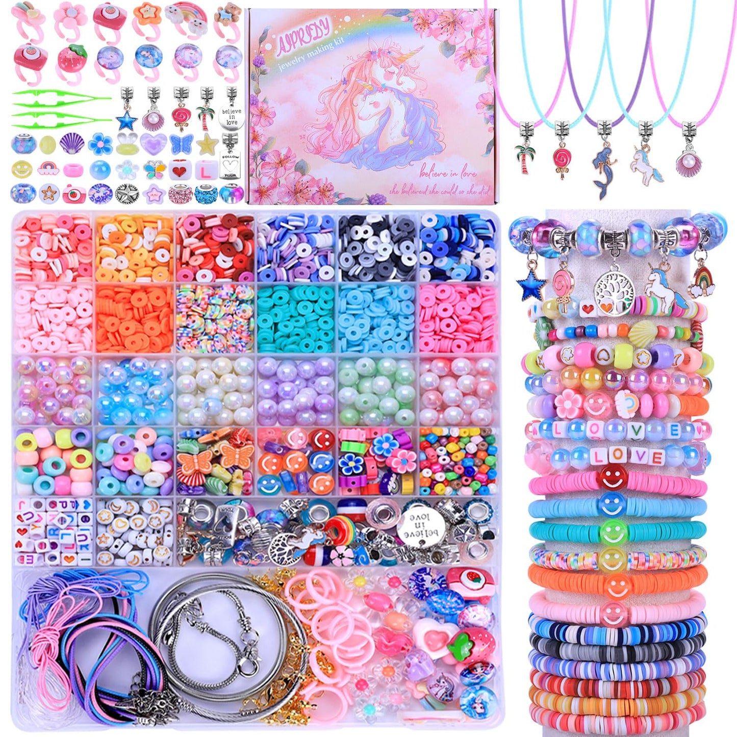 AIPRIDY 3200 Pieces Girls Toys Bracelet Making Kit, Unicorn/Mermaid Clay Beads Jewelry Activity Kit, DIY Crafts Birthday Christmas Gifts for Girls Ages 5 6 7 8 9 10 11 12 Years Old (Light Pink)