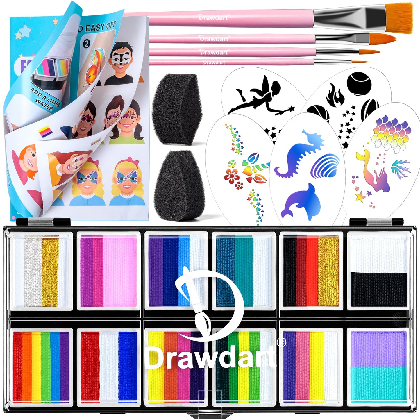 Drawdart Professional Face Painting Kit for Kids Adults, Split Cake Face Paint Palette 12 x 10gm with Stencil, One Stroke Non Toxic Rainbow Face Body Paint Set Festival Makeup