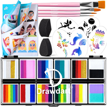 Drawdart Professional Face Painting Kit for Kids Adults, Split Cake Face Paint Palette 12 x 10gm with Stencil, One Stroke Non Toxic Rainbow Face Body Paint Set Festival Makeup